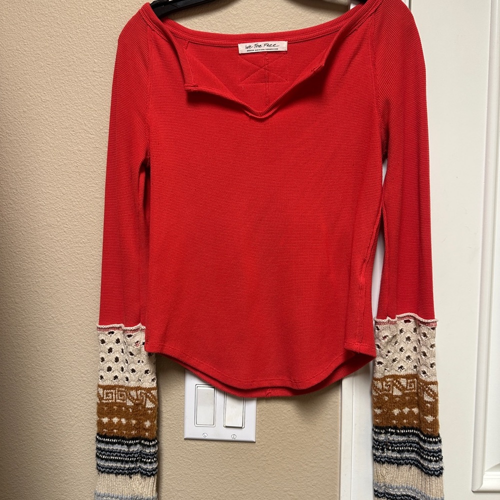 We The Free red long sleeve top with patterned boho cuffs